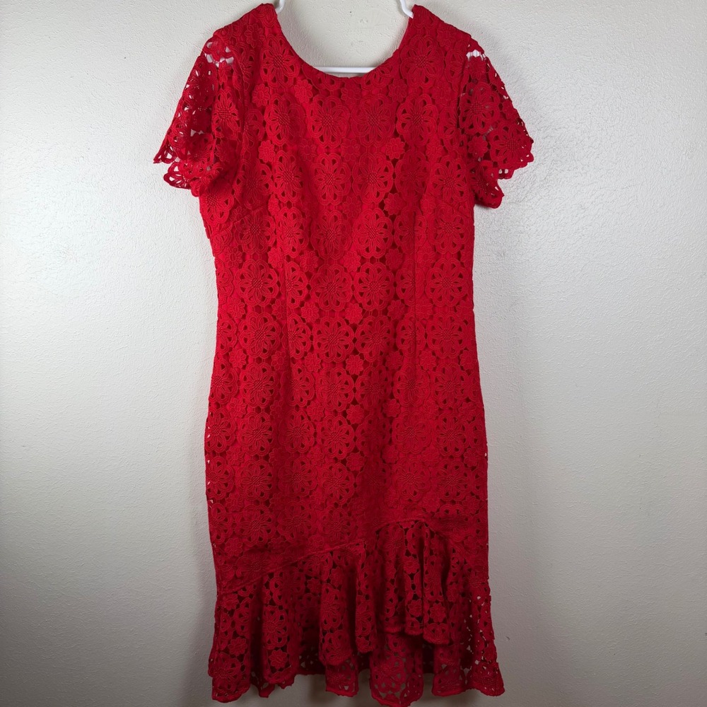 Eliza J Red‎ Floral Lace Ruffle Hem Sheath Dress Womens 12